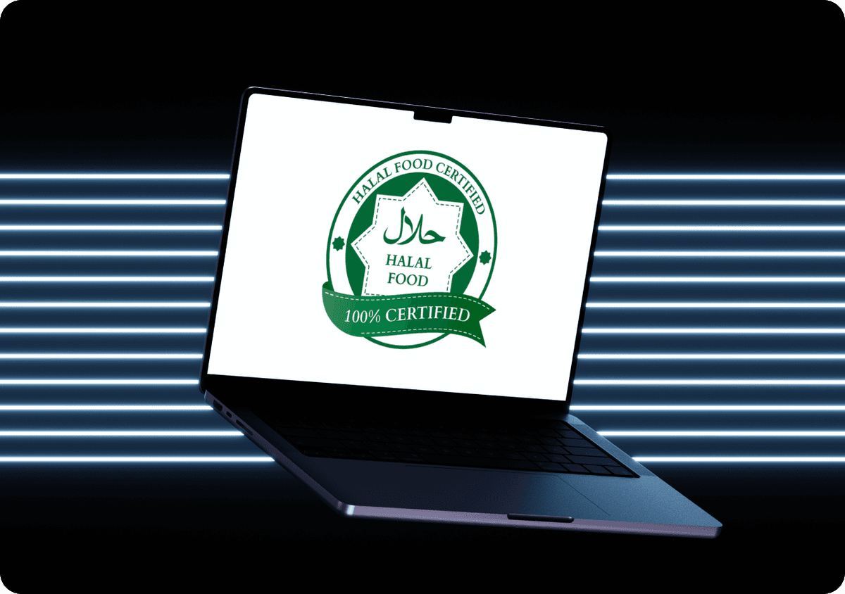Laptop displaying Halaal certification system with Islamic calligraphy